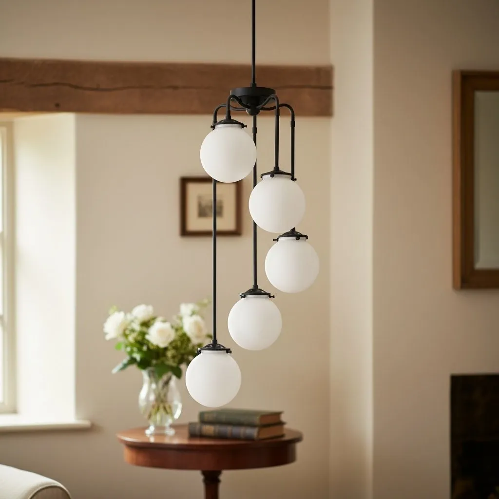 Glorica Glass 5 Globe Chandelier - Brass and Opal Glass Vintage Pendant Light KL1428