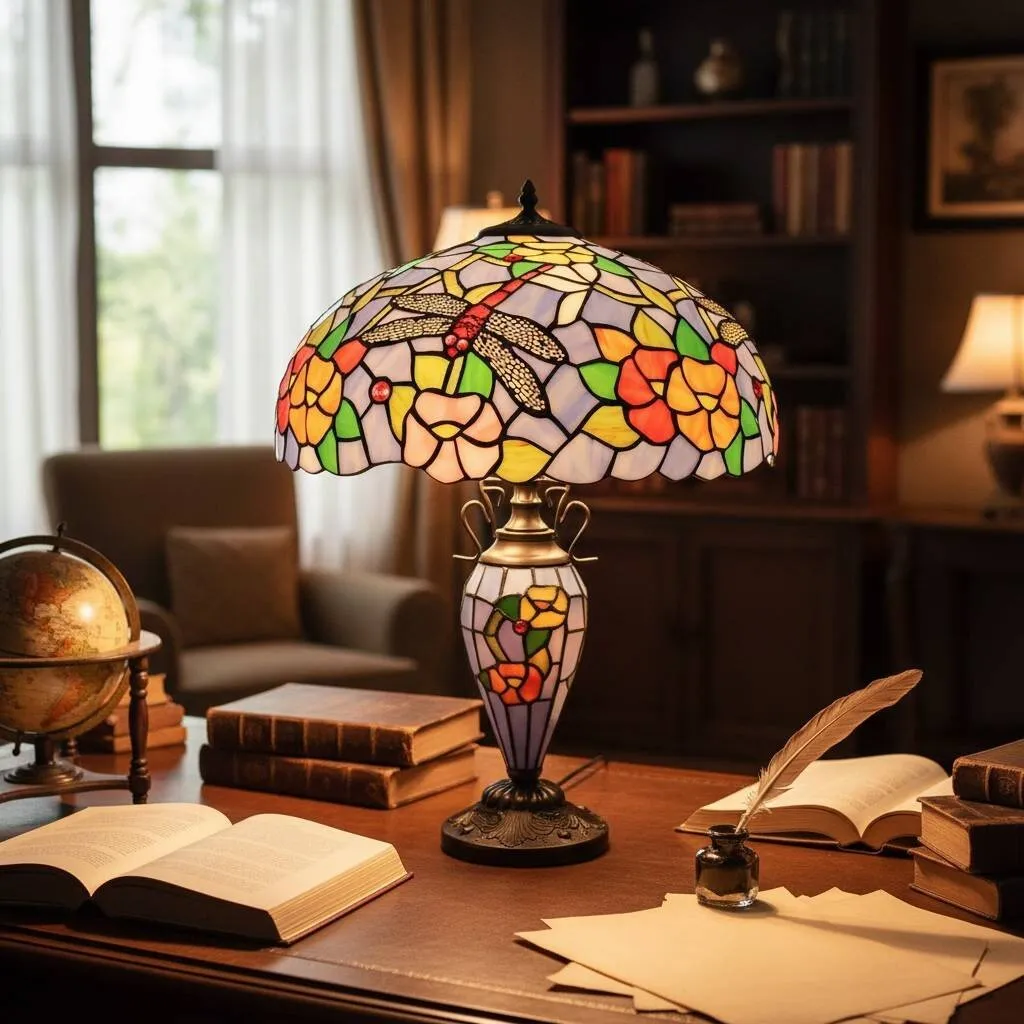 TF Keswick Dragonfly Tiffany Table Lamp - Handcrafted Stained Glass Shade for Living Room or Bedroom KL1890