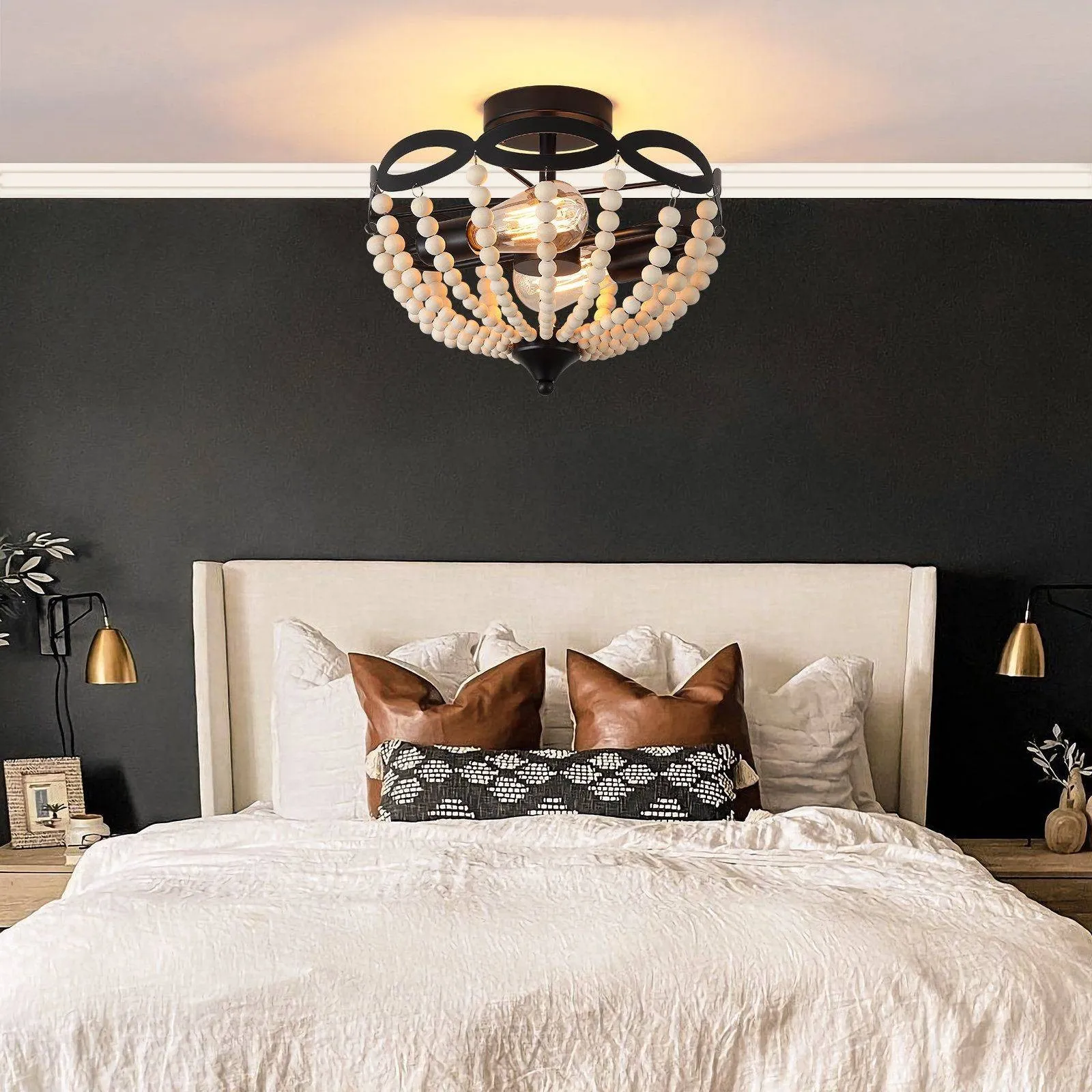Retro Rustic Metal Wooden Beads Ceiling Lamp KL82
