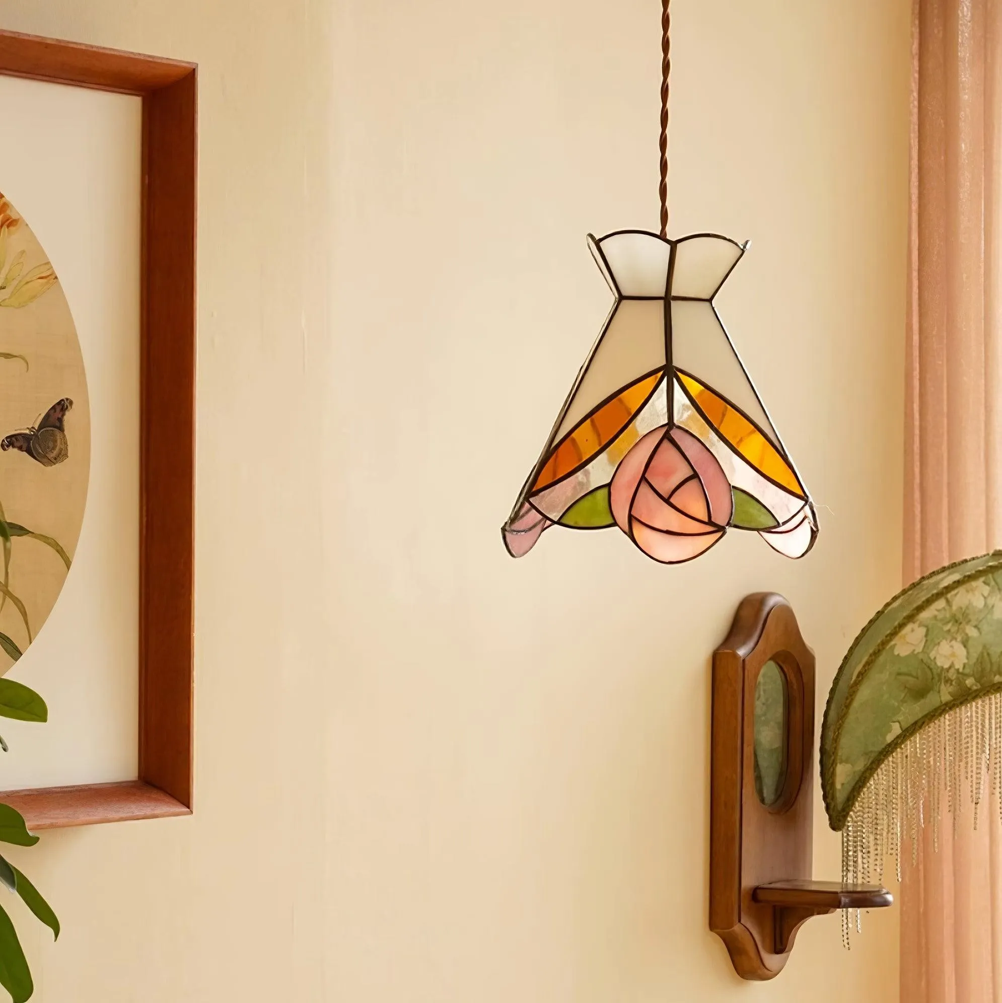 French Retro Rose Stained Glass Pendant Lamp KL690