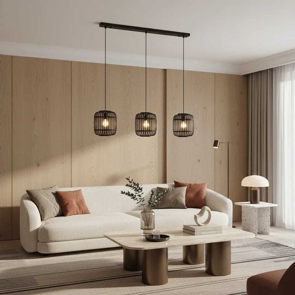 Yumeko Adjustable Bamboo Pendant Lamp - Natural Cage Pendant Light Perfect for Living & Dining Rooms KL1954