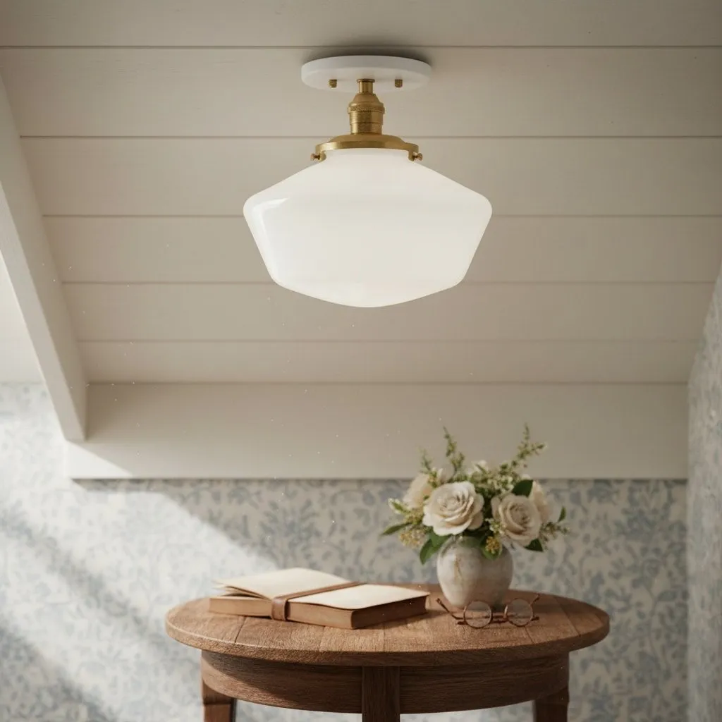 Geotower Glass Brass Ceiling Light - Opal Glass Schoolhouse Shade - Modern Elegance KL1508