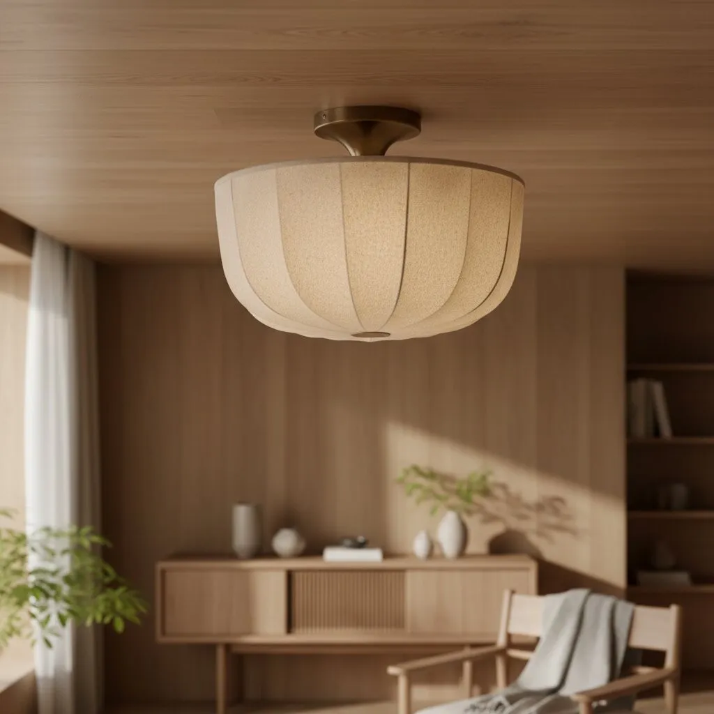 Loomis Textured Linen Flush Mount Ceiling Light - Japandi Style Lighting for Living Room KL2041
