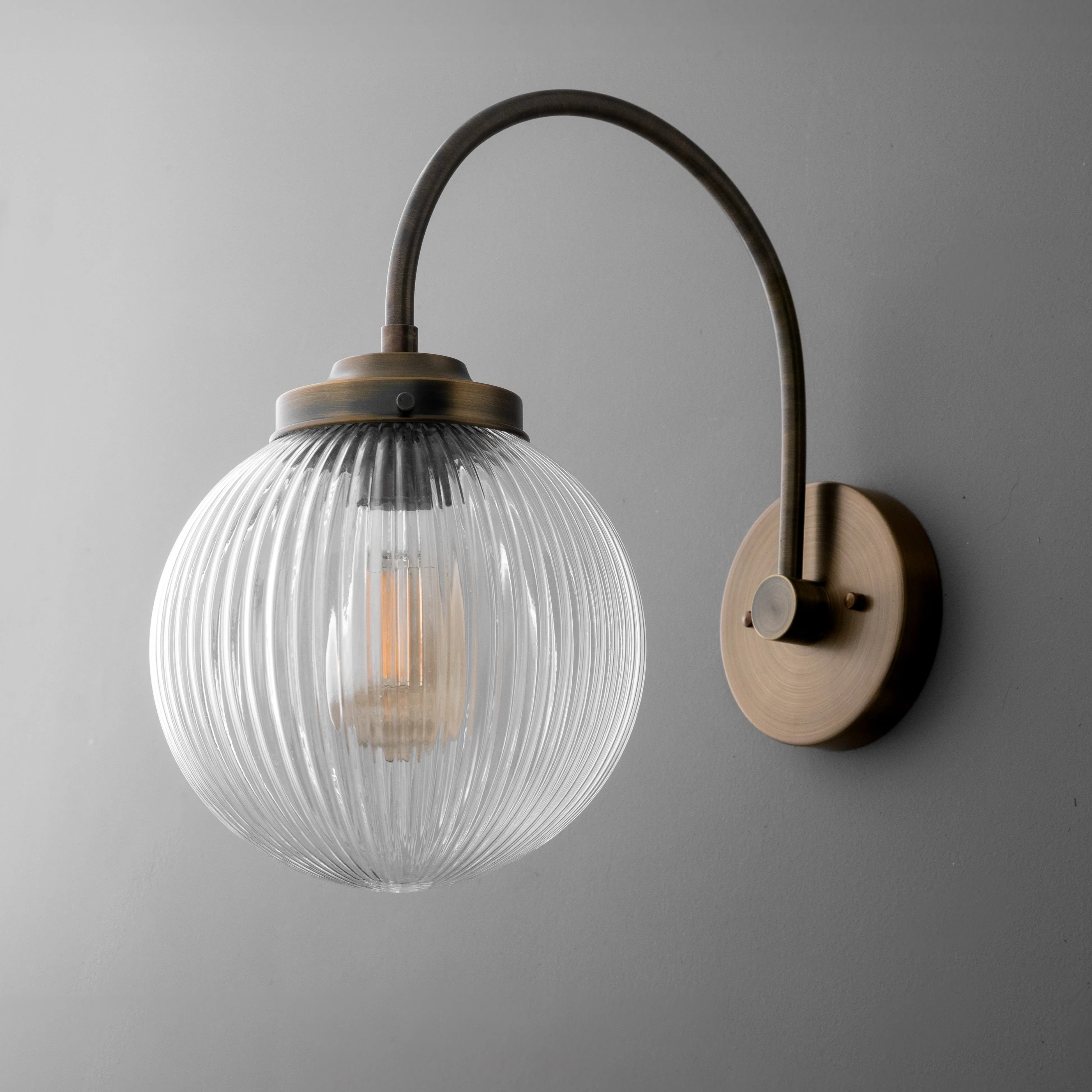 Glorica Glass Aged Brass Wall Sconce - Ribbed Glass Shade Industrial Style Lighting KL1518