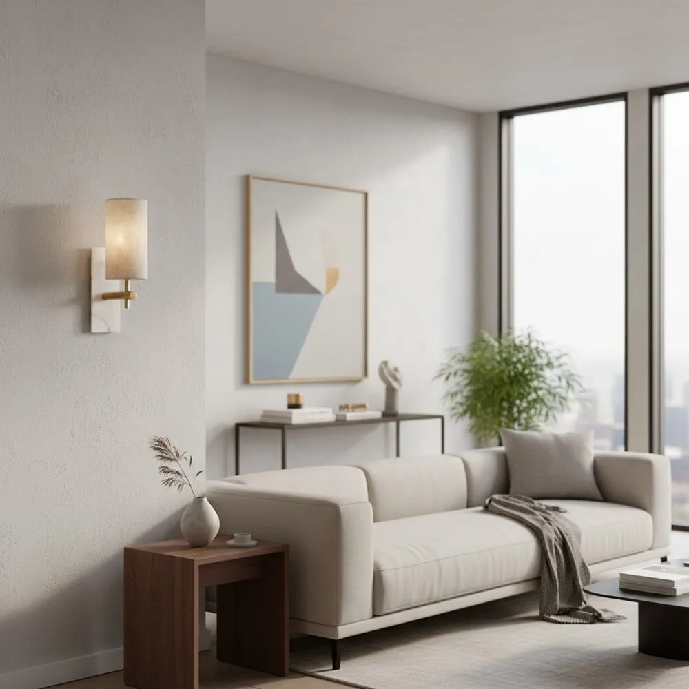 Linemora Marble and Brass Wall Sconce - Elegant Linen Shade Lighting for Bedroom and Hallway KL1587