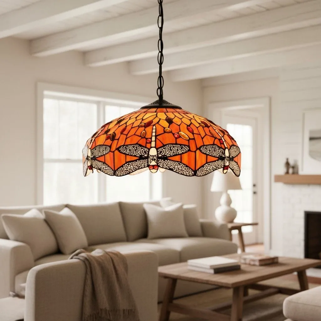 TF Dragonfly Tiffany Pendant Light - Art Nouveau Stained Glass Pendant for Living KL1800