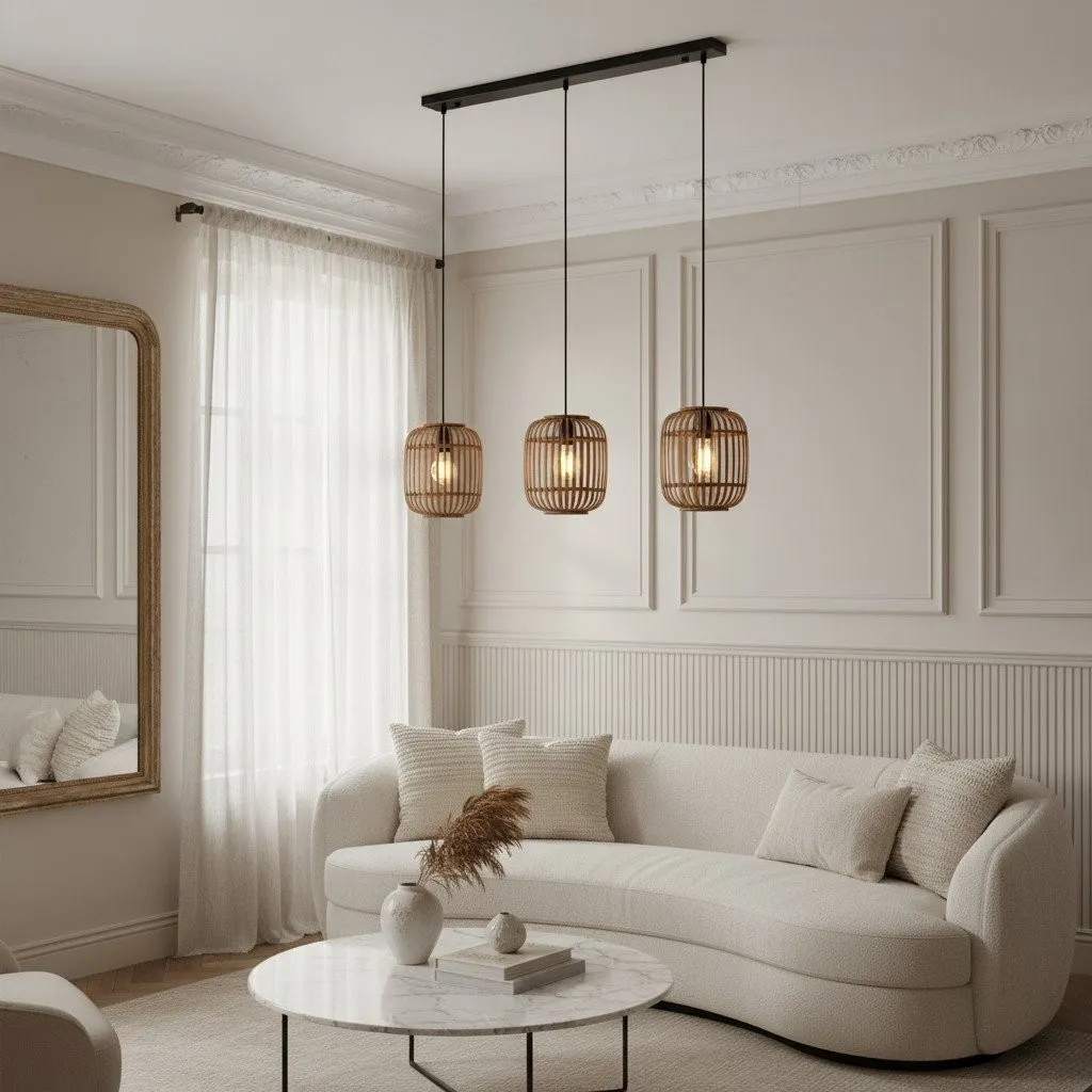 Yumeko Adjustable Bamboo Pendant Lamp - Natural Cage Pendant Light Perfect for Living & Dining Rooms KL1954