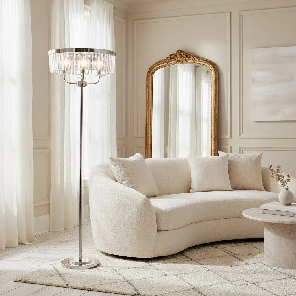Beveline 3 Light Round Floor Lamp - Faceted Cut Glass Shades Classic Metal Finish For Living Rooms KL1828