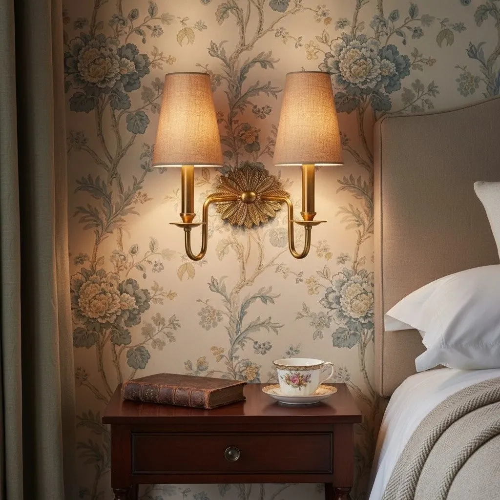 Duova Double Sconce - Antique Brass Metal and Linen Shades for Bedroom or Study KL1647