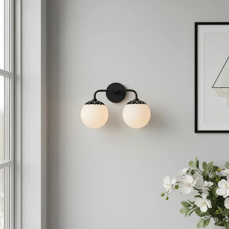 Vinbrea Glass Globe Wall Lamp - Minimal Curved Arm Light for Living Room KL2370