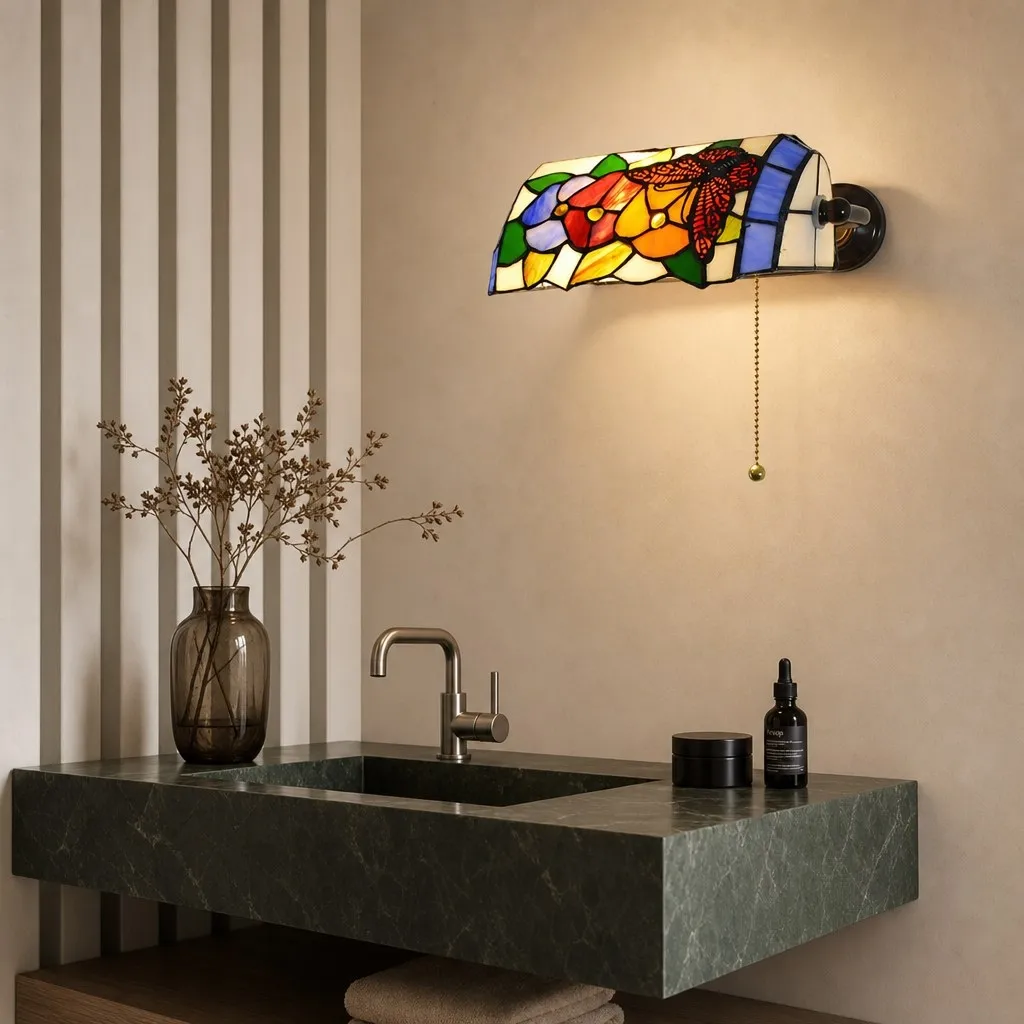 TF Tivanny Floral Stained Glass Wall Light - Tiffany Inspired Wall Sconce for Bedroom A24