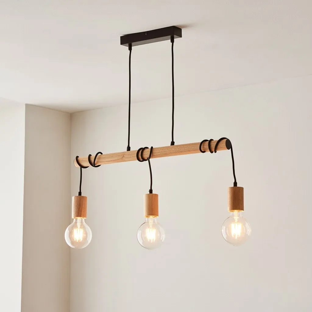 Virell Adjustable Linear Pendant Light - 3‑Bulb Wooden and Metal Design for Kitchen Island or Office KL1821