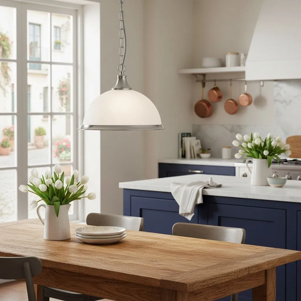 TF Vintora Ribbed Glass Pendant Light - Elegant Metal Trim for Kitchens, Dining Areas and Hallways KL1978