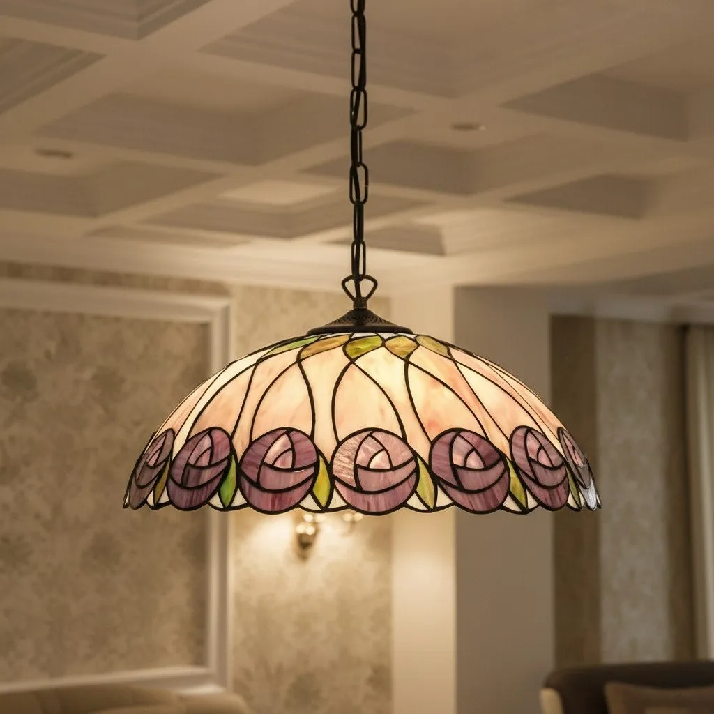 TF Hutchinson Tiffany Glass Pendant Light with Artistic Mosaic Design for Dining and Living Spaces KL1908