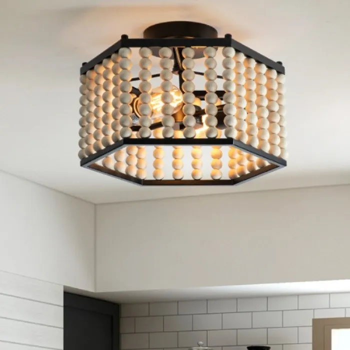 Rustic Hexagonal Wood Bead Ceiling Light KL92
