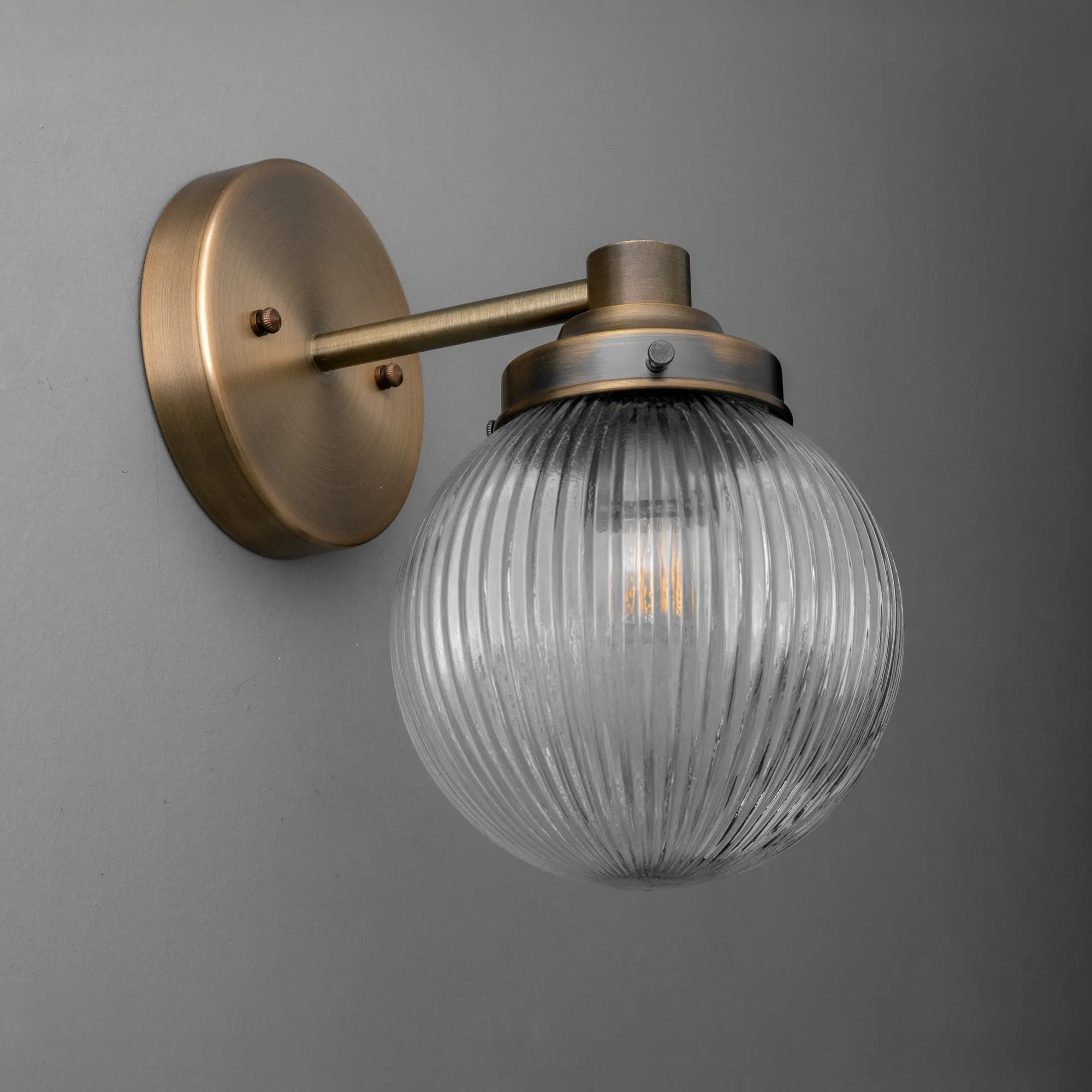 Glorica Glass Aged Brass Wall Sconce - Ribbed Glass Shade Industrial Style Lighting KL1518