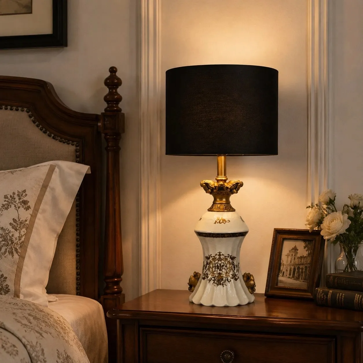 Gold motif ceramic table lamp on a bedside table