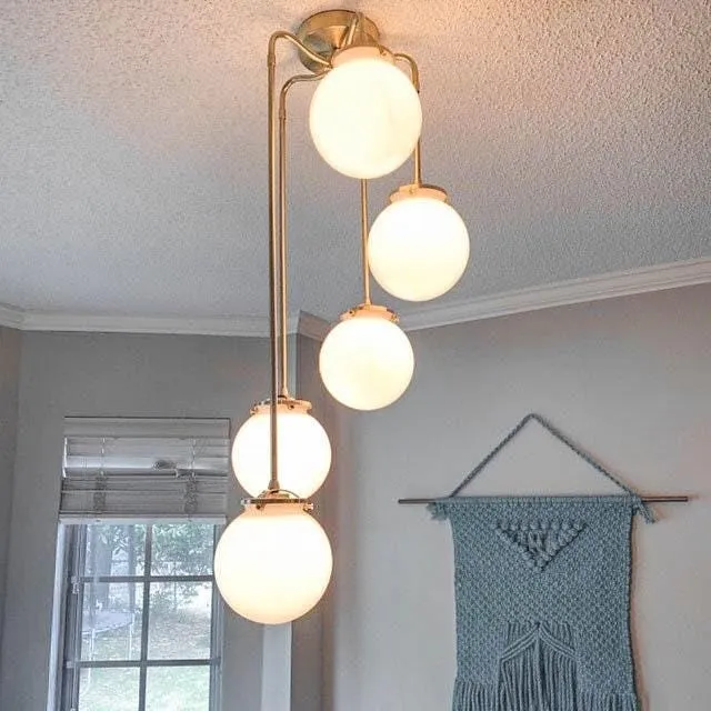 Glorica Glass 5 Globe Chandelier - Brass and Opal Glass Vintage Pendant Light KL1428