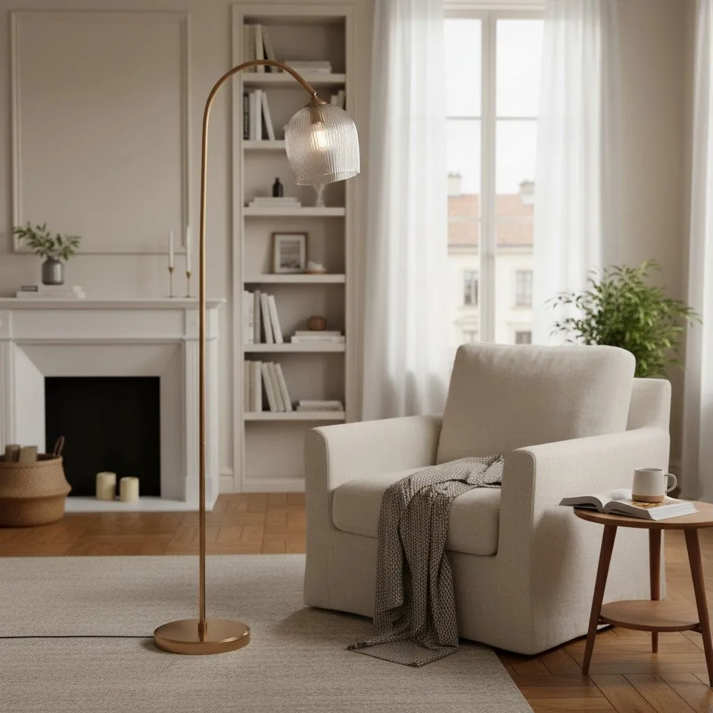 Brazara Adjustable Glass Shade Floor Lamp - Curved Metal Stem for Living Spaces KL1848