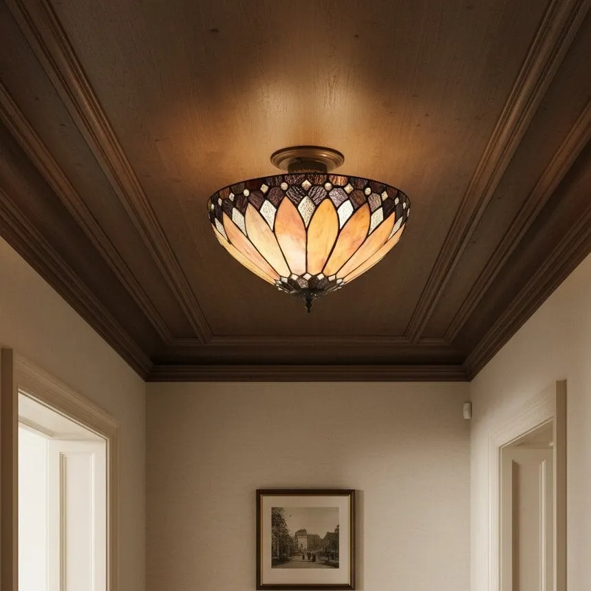 TF Brooklyn Tiffany Semi-flush Ceiling Light - Geometric Glass Shade for Hallways or Living Rooms KL2000