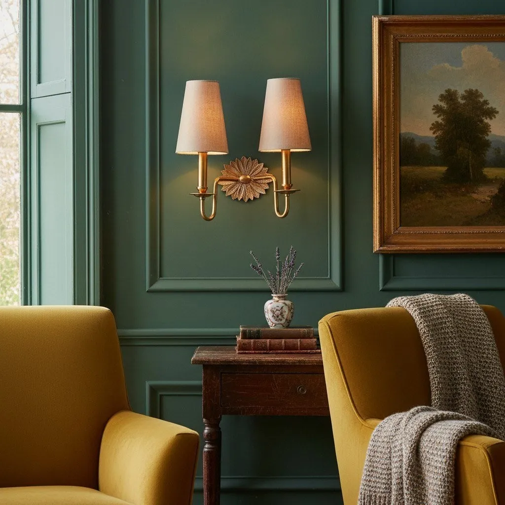Duova Double Sconce - Antique Brass Metal and Linen Shades for Bedroom or Study KL1647