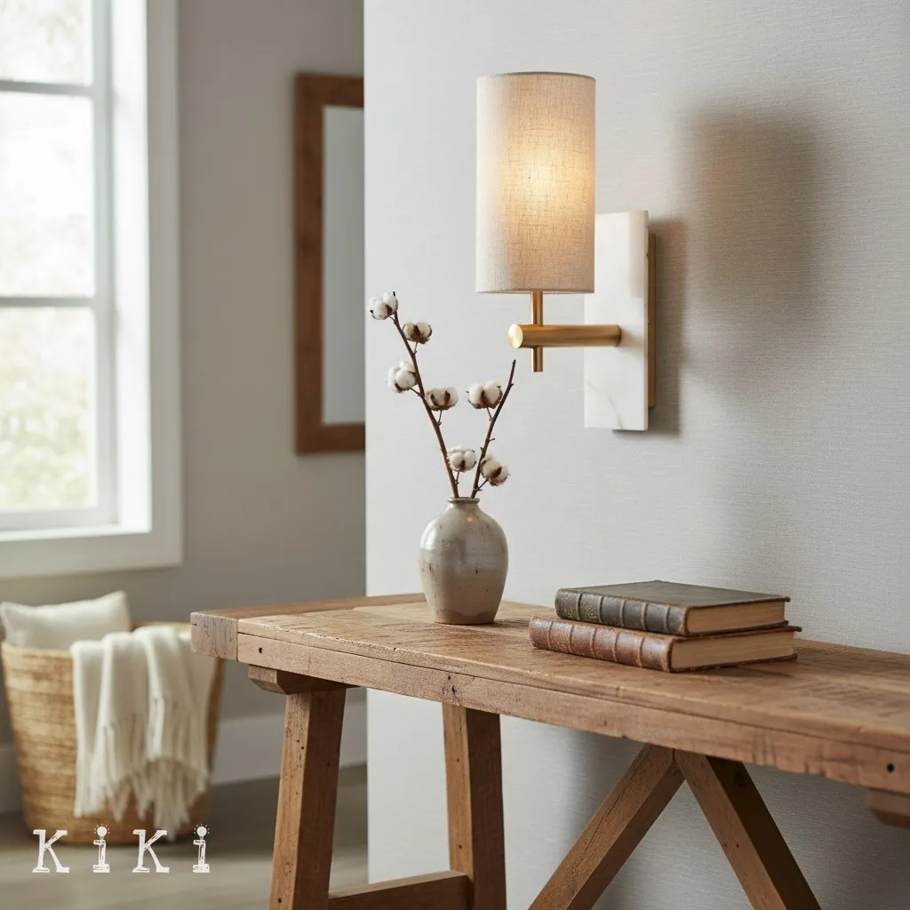Linemora Marble and Brass Wall Sconce - Elegant Linen Shade Lighting for Bedroom and Hallway KL1587