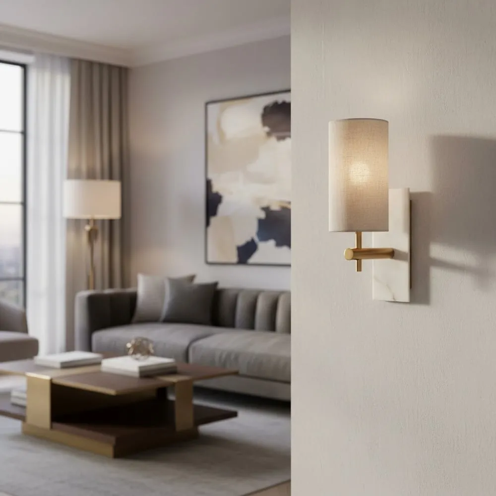 Linemora Marble and Brass Wall Sconce - Elegant Linen Shade Lighting for Bedroom and Hallway KL1587