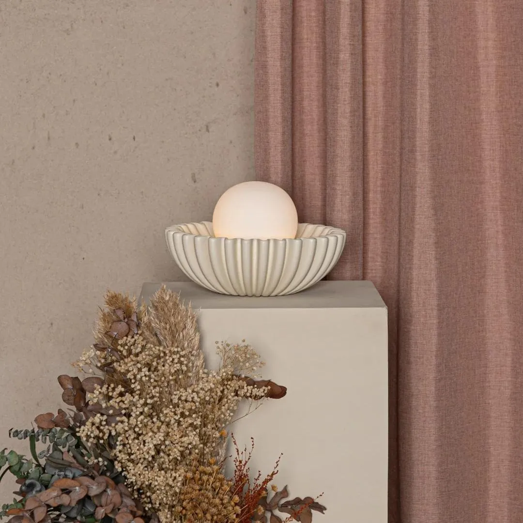 Sculptural Ceramic Table Lamp – Ceramic Shell Form with Milky Glass Orb KL1595