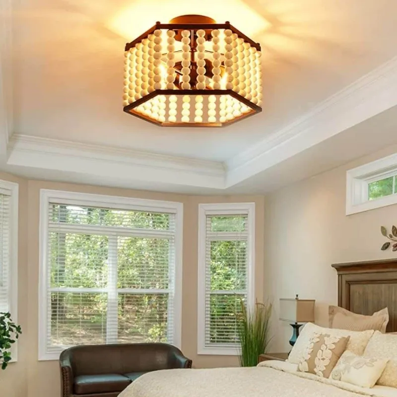 Rustic Hexagonal Wood Bead Ceiling Light KL92