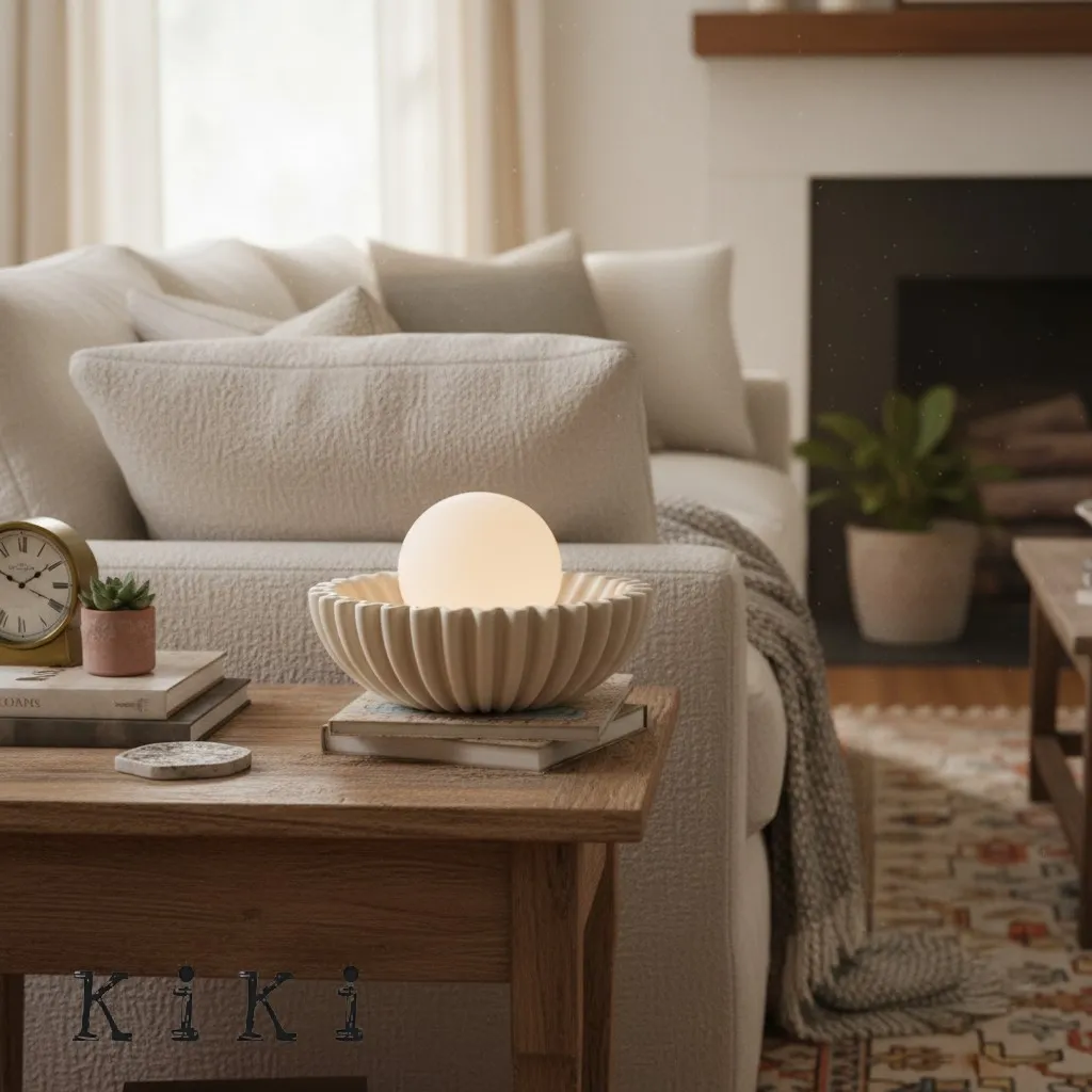 Sculptural Ceramic Table Lamp – Ceramic Shell Form with Milky Glass Orb KL1595
