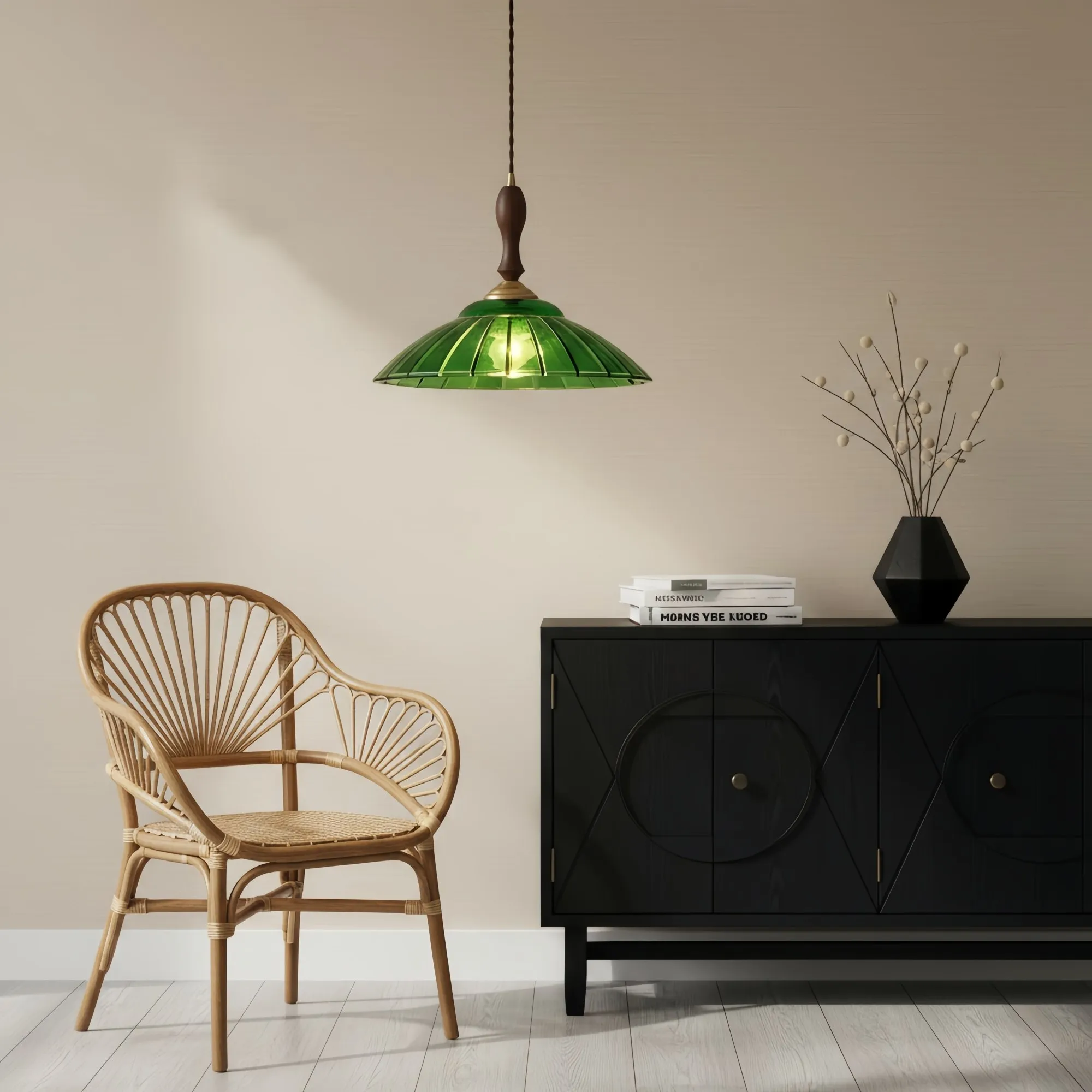 Elunaris Vintage Trumpet Shape Pendant Light with Green Glass Shade for Dining Room KL2256