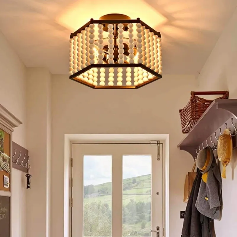 Rustic Hexagonal Wood Bead Ceiling Light KL92