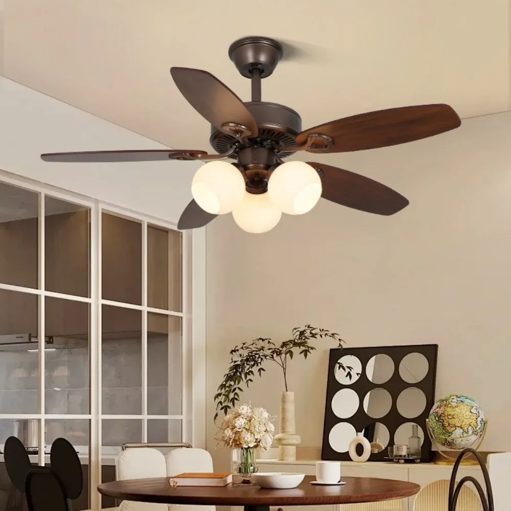 Vintage Wooden 5 Blade Ceiling Fan With White Glass Ball Lampshade KL949