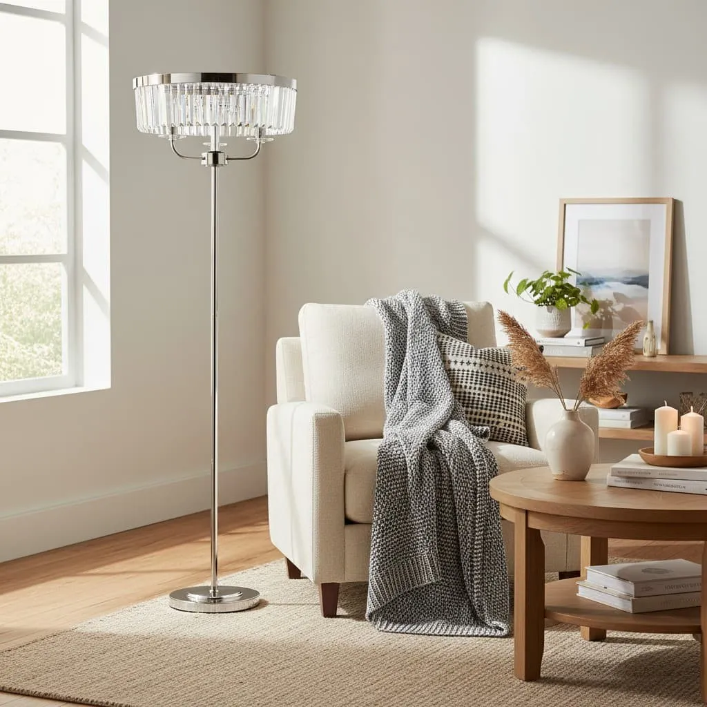 Beveline 3 Light Round Floor Lamp - Faceted Cut Glass Shades Classic Metal Finish For Living Rooms KL1828
