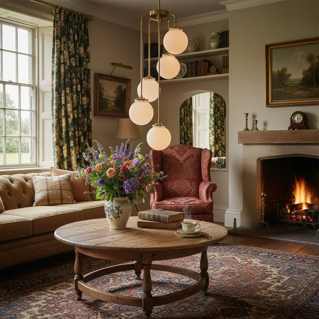 Glorica Glass 5 Globe Chandelier - Brass and Opal Glass Vintage Pendant Light KL1428