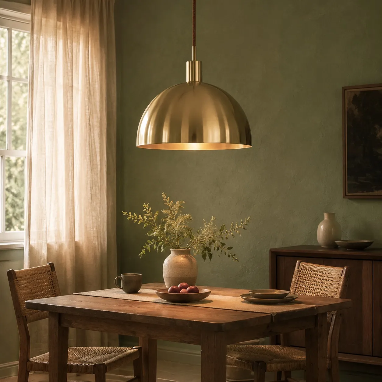 Brass dome pendant light in a warm interior setting
