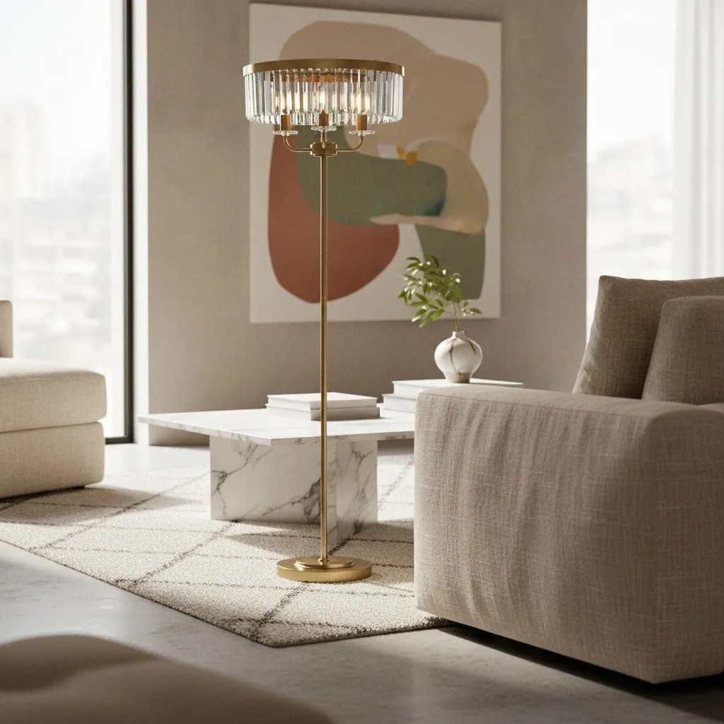 Beveline 3 Light Round Floor Lamp - Faceted Cut Glass Shades Classic Metal Finish For Living Rooms KL1828