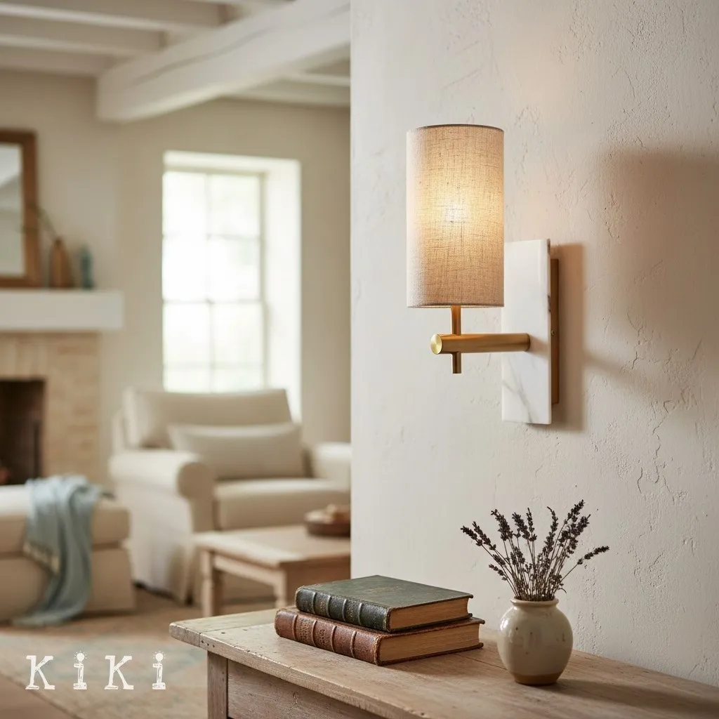 Linemora Marble and Brass Wall Sconce - Elegant Linen Shade Lighting for Bedroom and Hallway KL1587