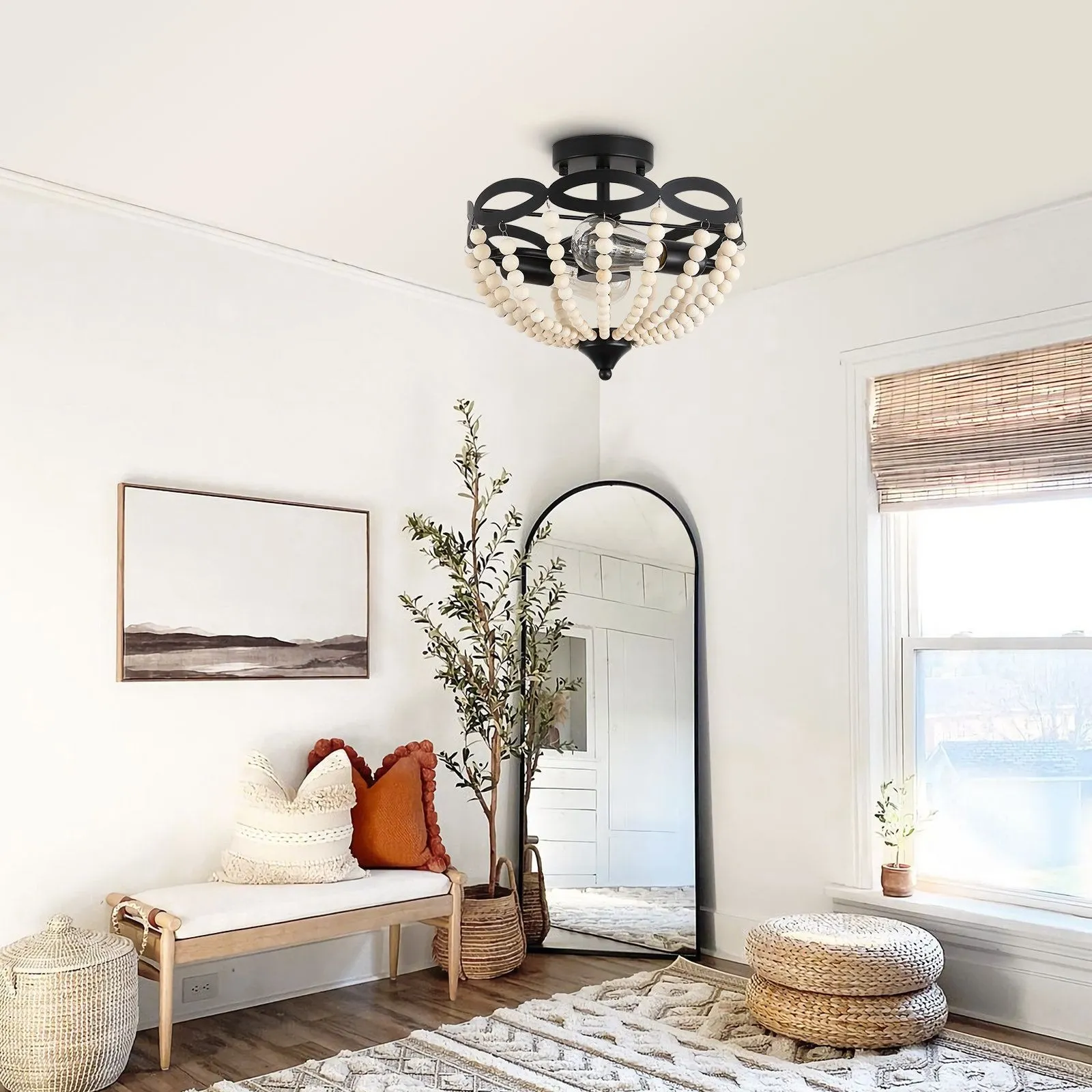 Retro Rustic Metal Wooden Beads Ceiling Lamp KL82
