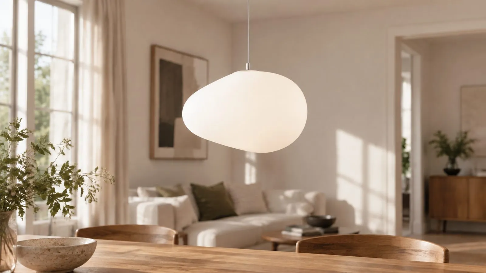 Satin glass pebble pendant in a living room