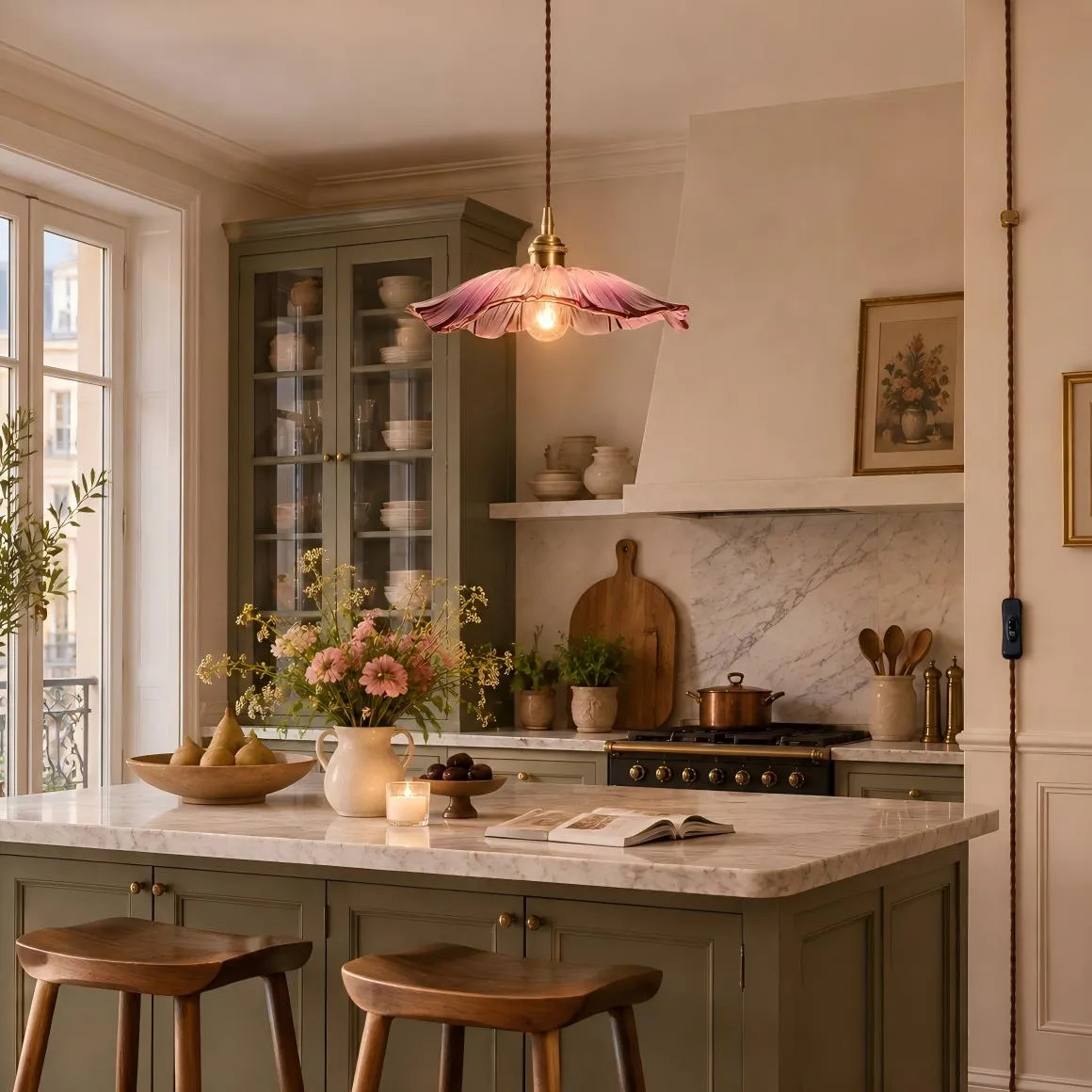 Pink petal glass pendant over a French kitchen island