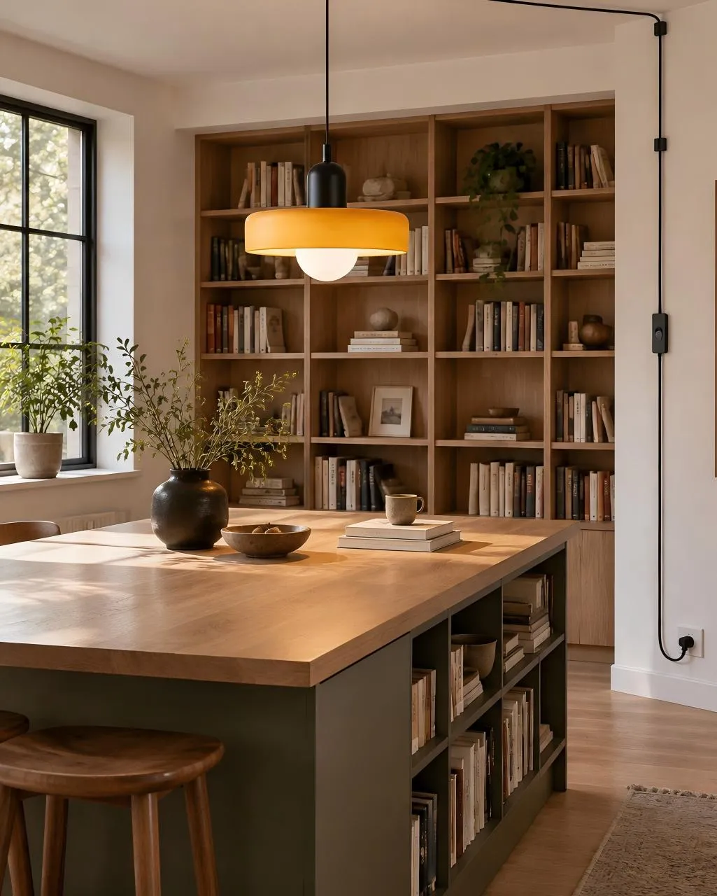 Un îlot de cuisine chaleureux avec une suspension lumineuse colorée.