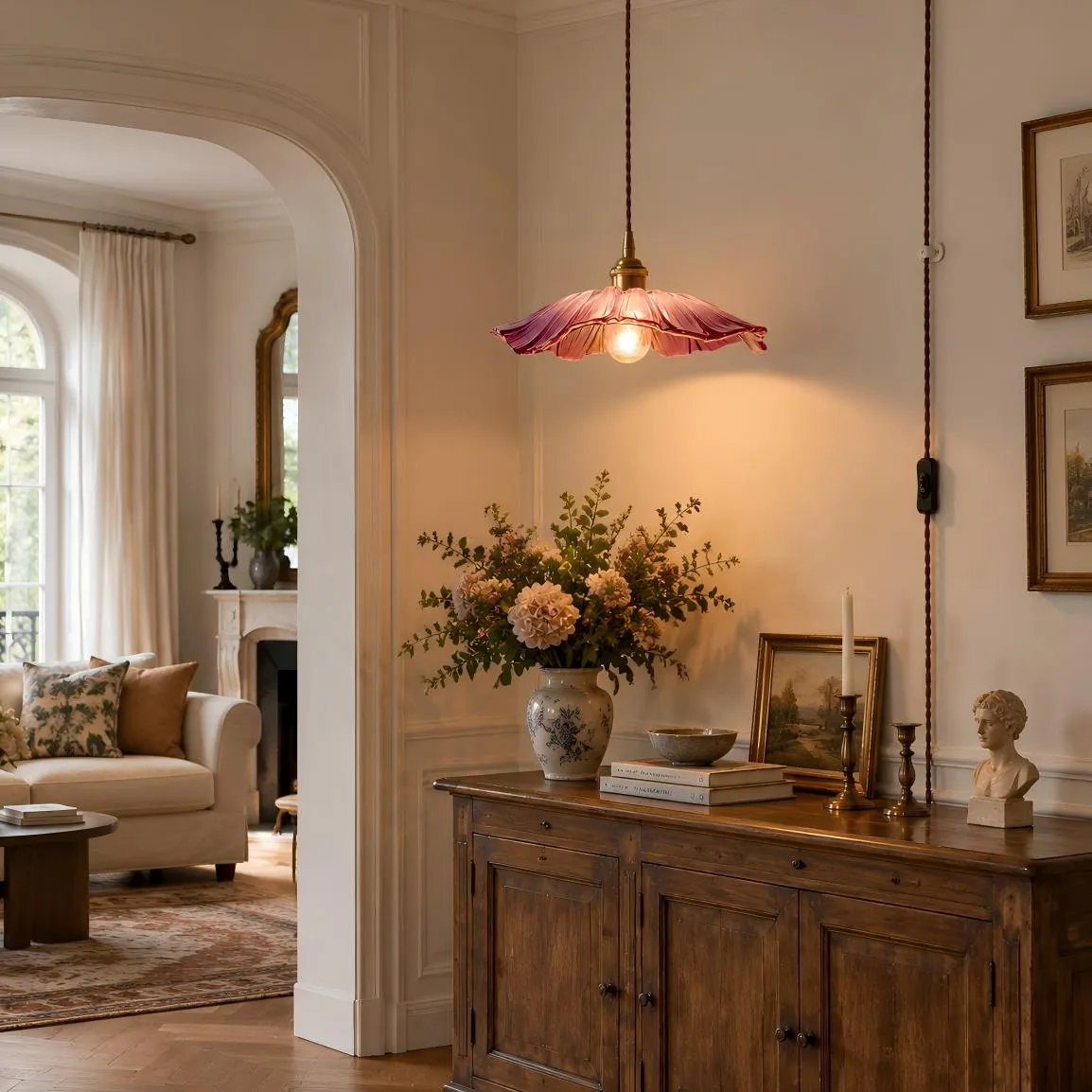 Pink petal glass pendant above a living room console