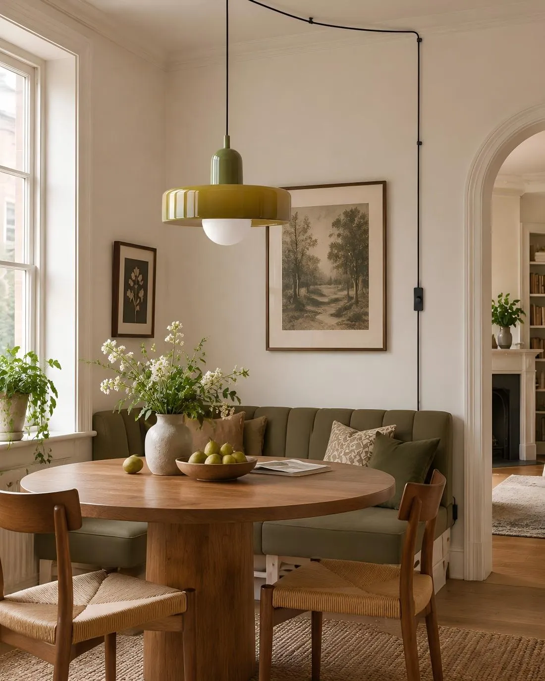 Un coin repas cosy éclairé par une suspension en verre colorée.