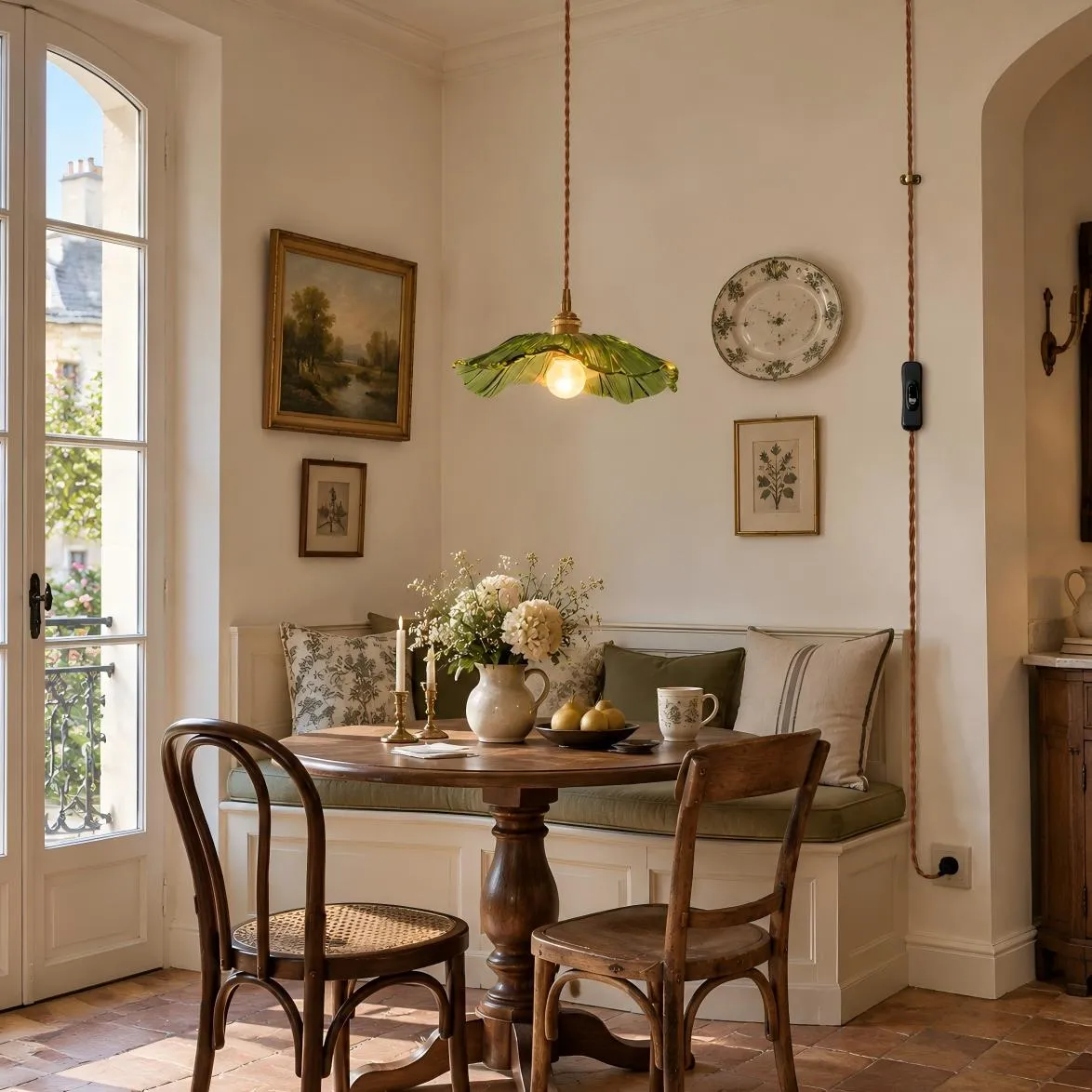 Green petal glass pendant over a small dining table