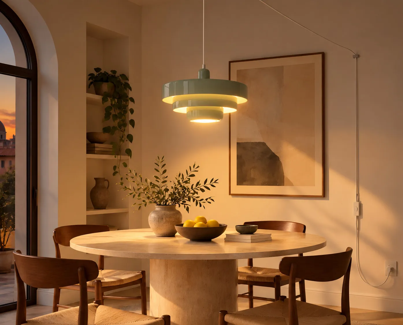 Suspension Bauhaus à brancher allumée dans une salle à manger, prise européenne apparente