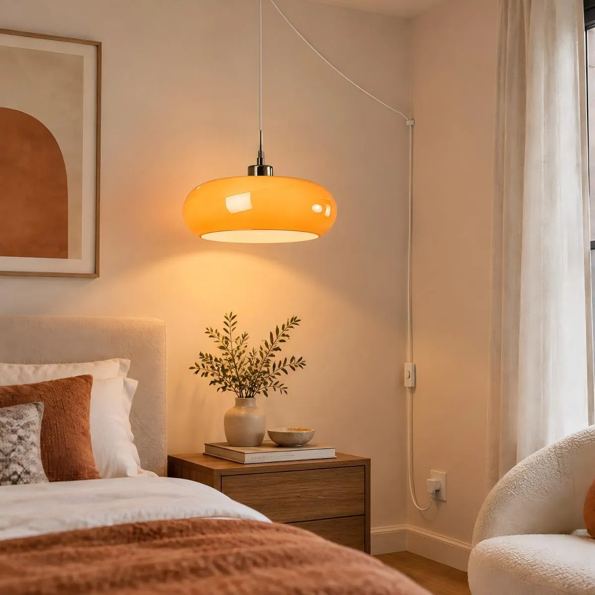 Pendentif Potivus blanc à côté d'un lit