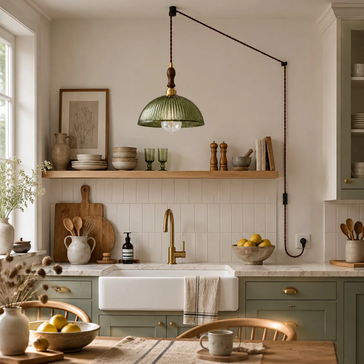 Ribbed glass plug-in pendant in a kitchen and dining area
