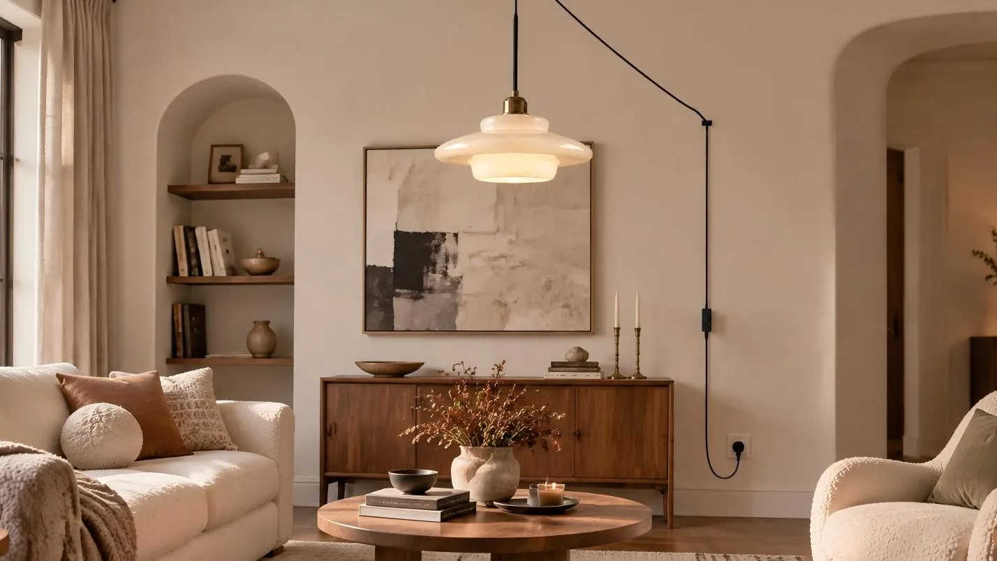 Milk white glass plug-in pendant in a warm living room with visible cord and inline switch