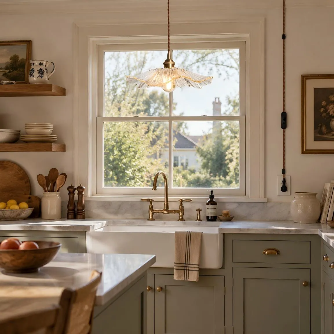 Clear petal glass pendant in a bright kitchen